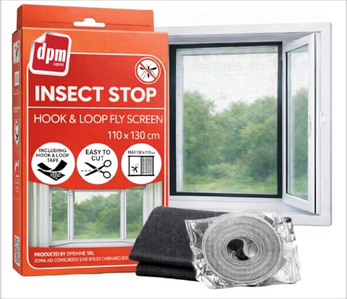 Dpm Tapes - Insect Stop Hook&Loop - Zanzariera per Finestra Attacca Stacca, Rete Antiinsetto Antizanzare Tagliabile a Misura, Installazione Senza Fori, Facile da Applicare e Rimuovere, 110 x 130 cm