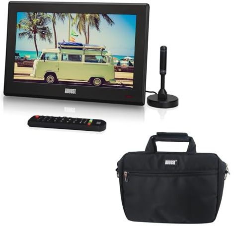 August DA100D TV Portátil TDT + Bolsas de Viaje LED, Mini Televisión Digital con Red, Batería o 12v, DVB-T / T2 HDM USB Jack 3.5, Tele LED y Grabación, Salón Dormitorio Cocina Coche Camión Caravana