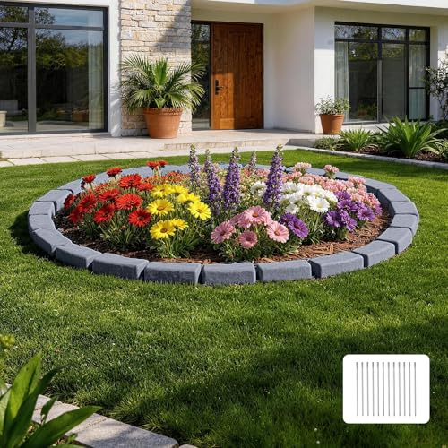 VEVOR Bordure de Jardin Imitation Pierre 4,7 m Bordure Parterre Aspect Pierre Plastique pour Pelouse Allée, Lot de 4, 6 Briques par Section 1180x95x57 mm, 12 Piquets, 1 Embout, sans Creuser, Gris Grès