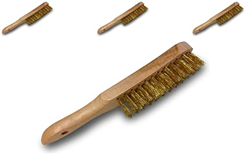 Brosse métallique à main professionnelle type soudeur | Lot de 3 | 4 rangs fils souples | Acier rond laitonné | Manche bois | Sortie du fil 30 mm | 29 * 3,5 cm | Kibros 32M4x3