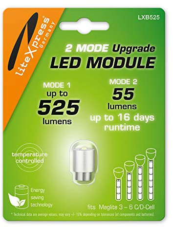 LiteXpress LXB525 2Mode Einstellbare Lichtmodi LED Upgrade Modul 525 oder 55 Lumen für 3-6 C/D-Cell Maglite Taschenlampen