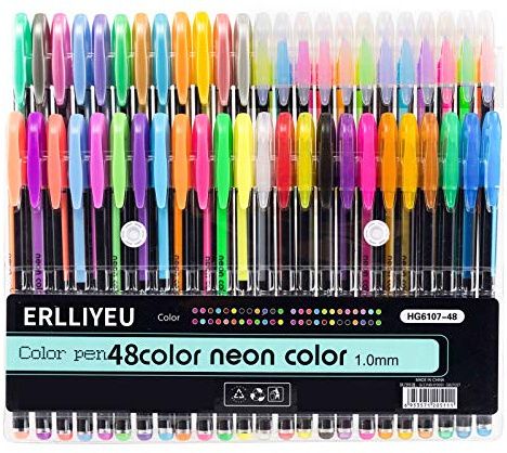 Erlliyeu 48 Stück Glitzer Gelschreiber Gelstifte Multicolor Gel Stift Set für Erwachsene Färbungsbücher Zeichnung Malbücher, mit tollen Farben - metallic, neon, glitter, Gel-Tintenroller (48 Farben)
