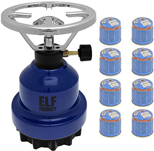 Hornillo de camping E190 | Set de cocina de gas de metal y cartucho de gas de Stechgas | estufa de gas | 1 foco | exterior, ocio, senderismo, picnic modelo: azul + 8 cartuchos de gas