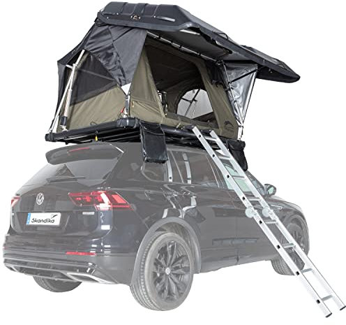 Skandika Dachzelt Auto Wildland | Autodachzelt Hartschale für 2 Personen, Solarzellen, Moskitonetz, wasserdicht 3000 mm, LED-Leiste, vollautomatisches Aufklappen | Zelt Autodach für Camping Outdoor