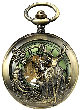 TREEWETO Unisex Taschenuhr Analog Handaufzug Retro Rentier Skelett Römische Taschenuhren mit Kette für Herren