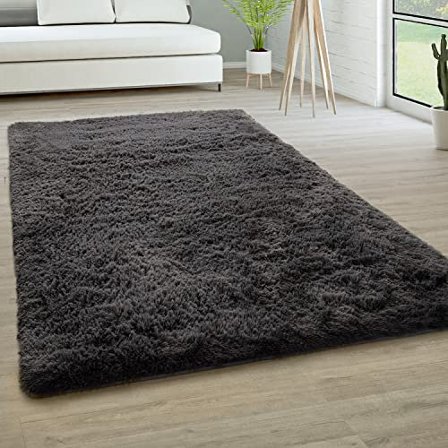 Paco Home Hochflor Teppich Wohnzimmer rutschfest Fellteppich Shaggy Flauschig Weich Modern Kunstfell Fell Imitat Einfarbig, Grösse:140x200 cm, Farbe:Anthrazit