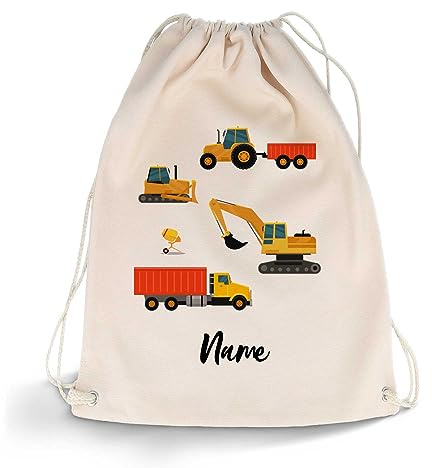 GRAVURZEILE Bedruckter Turnbeutel - Cartoon Baustellenfahrzeuge & Wunschname - Sportbeutel Rucksack Daypack Gymbag mit Kordelzug - für Schule & Freizeit Sport - Jungen & Mädchen - 12 Liter 33x45 cm