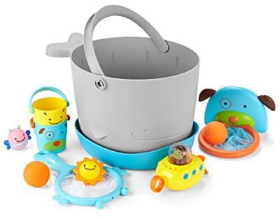 Skip Hop Eimer gefüllt mit Badespielzeug für Babys, Badespielzeug und Eimer, grau