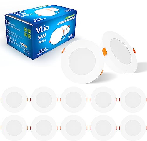 Vlio LED Recessed Ceiling Lights Ultra Slim 5W LED Downlights 75mm Hole Size for Ceiling, 6000K Cool White, 460LM, IP44 Round Spotlights for Bathroom Kitchen Living Room, 10 Pack