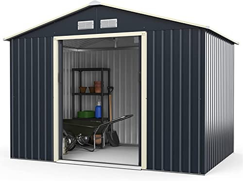 GiantexUK 7x4FT/9x6FT/9x8FT/11x8FT Metal Garden Shed, Outdoor Galvanized Storage House with 2/4 Vents & Lockable Sliding Doors, Slope Roof Utility Shed Building (9x6FT, 4 Vents)