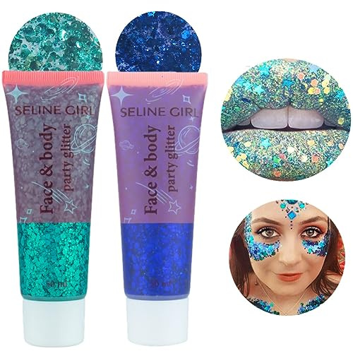 KARLOR Glitzer Gesicht Gel 2 Stück Set, Body Glitter Face Sequins Shimmer Flüssig Körper Nagel Festival Makeup Zubehör (Blau+Grün)