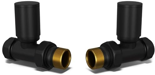 UK Radiators Round Black Radiator Valve Pair - Black Matt Finish - Classy and Modern Design 1/2 x 10mm Straight Radiator Valve Pair - Pair of Valves