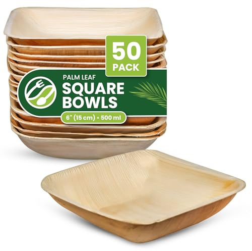 ECO Leaf Disposable Palm Leaf Bowls | Square Compostable Dinner Bowls | Eco-Friendly, Biodegradable Heavy-Duty Bowl for Wedding, Party and Picnic | Microwave & Oven Safe (50, Large 6(15cm))