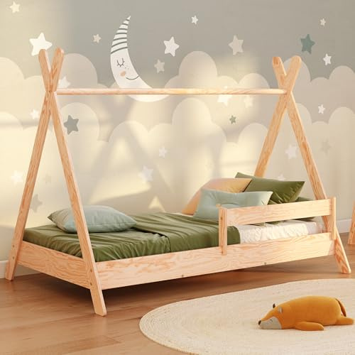 smartwood Hausbett 60x120 - Kinderbett Tipi aus Kiefernholz mit FSC-Zertifikat - Rausfallschutz & Lattenrost bis zu 230 kg für Jungen und Mädchen - Einfache Montage
