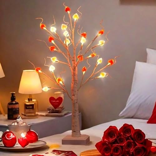Tisch Mini Baum Licht 60cm Hoch Künstliche Baum Lampe mit 24 LED Herzen und Timer, Dimmbare Weiße Birke, Glitzernde Feenbaum-Lampe, 3 AA-Batterien oder USB-betrieben für Mädchen Schlafzimmer Deko