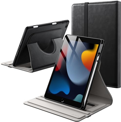 JETech Drehbare Hülle für iPad 9./8./7. Gen 10,2, Schwarz | Für iPad 10,2 (2021/2020/2019), 360° Drehständer, Stifthalter, PU-Leder Folio, Vollschutz-Design
