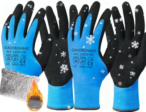 GAVOROHANS Wasserdichte Thermo-Winter-Arbeitshandschuhe, Polarfleece-Innenfutter, Hervorragende Griffigkeit, Doppelte Latex-Beschichtung (Blau-2paare, M)