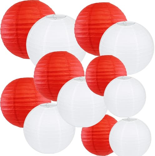 12Pcs Red and White Round Paper Lanterns Assorted Sizes (6 8 10 12) for Lunar New Year 2026, Chinese New Year Decorations, Wedding Birthday Home Decor, Hanging Chinese Japanese Paper Lantern