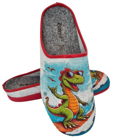 Rodevil Zapatillas casa hombre de fieltro Dibujo divertido Dinosaurio - Válidas para invierno y verano (Multicolor, Sistema tallas calzado EU, Adulto, Números, mediano, 45)