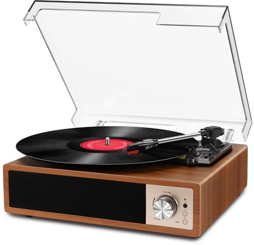 VOKSUN Bluetooth Vinyl Record Player - 3-Speed Belt-Driven, Built-in Speakers, USB Recording, RCA/Aux, Retro Wooden Phonograph (7/10/12 Records), Brown
