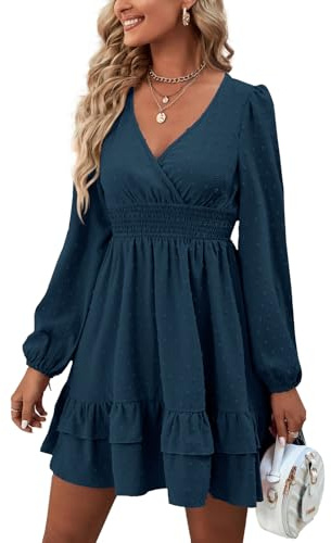 Rooscier Robe courte à manches longues avec col en V et volants à pois suisses pour femme, bleu sarcelle, Taille XL
