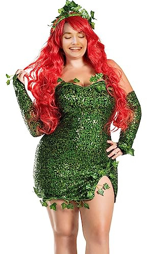 MOBJVIY Disfraz de Halloween para mujer, vestido de hiedra verde de lujo, vestido de lentejuelas con guantes y accesorios para la cabeza (verde 1, XXXL)