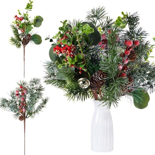 Syhood Künstliche Weihnachtsspieße, rote Beeren, Tannenzapfen, 30,5 cm, Beerenzweige, Stechpalme, Tannenzapfen für Weihnachten, Basteln, Winterurlaub, Dekoration, 12 Stück