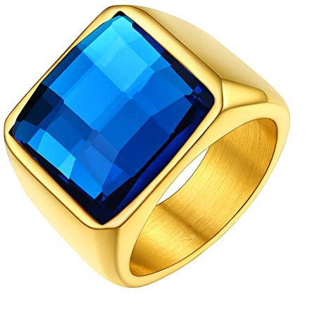 FindChic 15MM Blauer Stein Bandring Gothic Biker Ring Männer Siegelring Retro Ring aus 316 Edelstahl, Geschenk für Verlobung Valentinstag, Gold, Größe 57