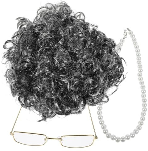 DEARMAMY 1 Satz Oma Perücke Oma-Brille Großmutter-Rollenspiel-Requisiten Halloween Kleidung Costume de Halloween Brillenkette für alte Damen Großmutter Cosplay Requisiten Oma-Kostüm p Seide