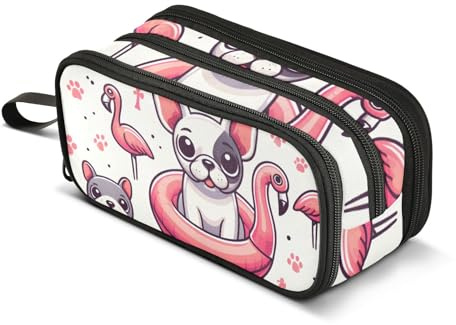 Federmäppchen mit französischer Bulldogge, Flamingo, Schwimmring, großes Fassungsvermögen, Stifttasche für Jungen und Mädchen, 3 Fächer, Federmäppchen, Studenten, Schreibwaren, Organizer, Marker-Etui