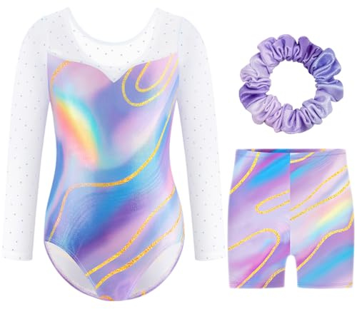 Boteria Dreiteilige Gymnastikanzug Mädchen Turnanzug Leotard Turnshorts und Haarband Set, Langarm Ballettröckchen Kleid Trikotanzug Gymnastik Outfit Set für 5-12 Jahre (Phantomfarbe, 120(7-8Jahre))