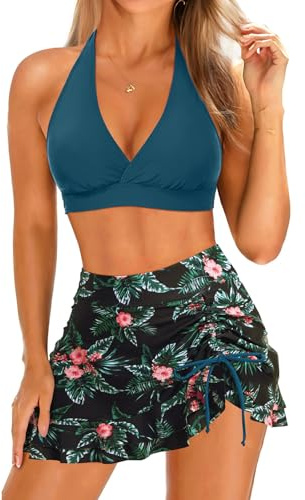Yonique Womens High Waisted Bikini with Skirt Two Piece Swimsuit with Tummy Control Halter Bathing Suit, Teal and Floral, Medium