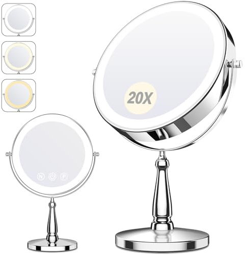 WOOCICA Makeup Mirror with Lights, 20X Magnifying Mirror with Light for Women, 5000 mAh Vanity Mirror with Lights and 3 Colors, 2-Sided Lighted Magnified Mirrors for Delicate Makeup, 9 Inch