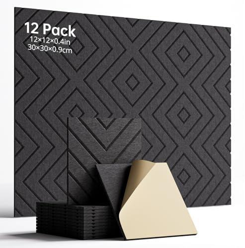Woovio Sound Proofing Panels, 12 Pack Self-Adhesive Acoustic Wall Panels High Density Acoustic Panels For Podcast Studio, Living Room, Offices 30X30X0.9cm Black