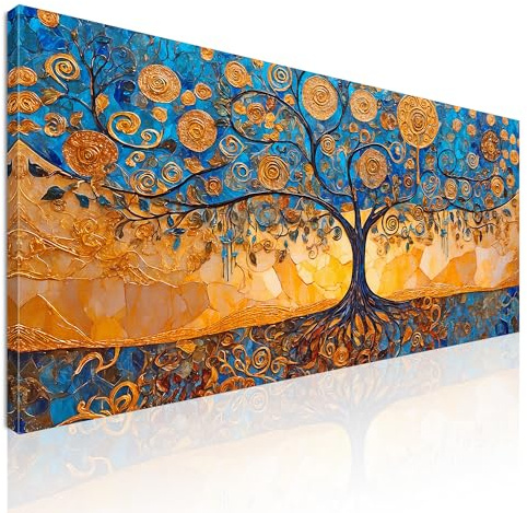 CheQuadro! Quadro moderno soggiorno, quadro grande, Albero Della Vita Spirali Blu E Oro, avt6 quadro stampato su tela pronto da appendere 130x60 cm