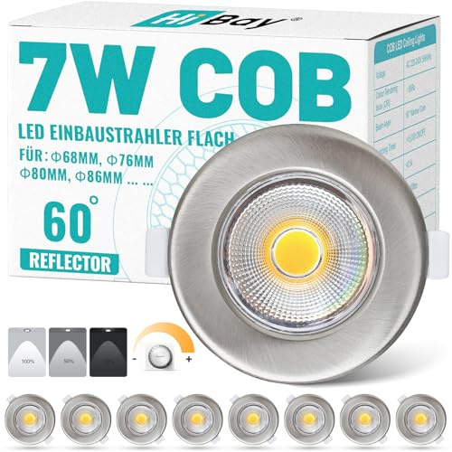 HiBay 8er LED Einbaustrahler 230V Dimmbar COB Set 7W LED Spot Gebürstet Edelstahl Deckenspots 65-85mm Lochmaß Warmweiß 3000K 600LM für Schlafzimmer Wohnzimmer Ausstellungsraum