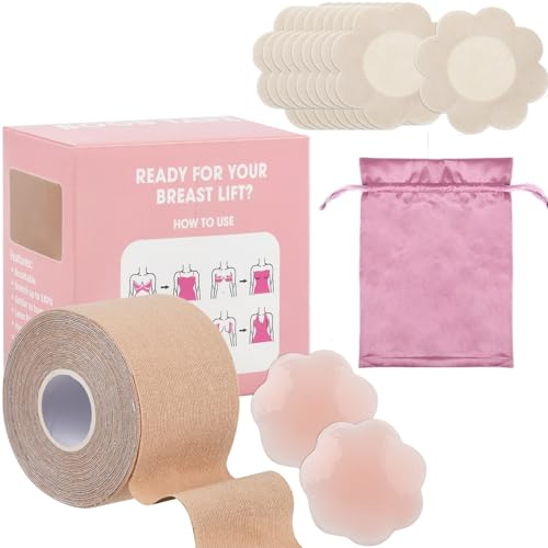 Brust Tape Klebe BH Push Up Set, Boob Tape mit 10 Nippelpads und 2 Silikon Brüste Nippelpads Wiederverwendbare, Brust Boob Tape BH Boobietape Trägerloser BH für Abendkleider, Ballkleid, Hochzeitskleid