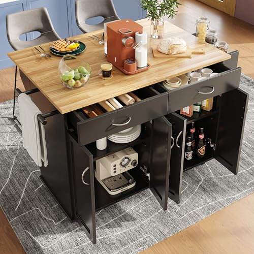 Moderna isola della cucina (106 × 50 × 90,5 cm), carrello da cucina con piano di lavoro, armadio a buffet, tavolo da pranzo multifunzione con spazio di archiviazione, nero