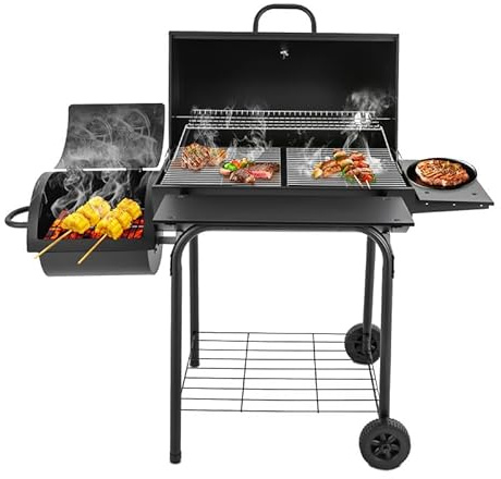 Holzkohlegrill Grillwagen mit Deckel, Thermometer, Edelstahl-Griff, Rädern, Aschebox und Grillrost – 147×70×126 cm BBQ Standgrill für Outdoor