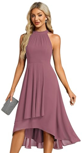 Ever-Pretty Midi Halter Neck Chiffon Wedding Guest Dress with Sleeveless and A-Line Women Dresses for Wedding 31926