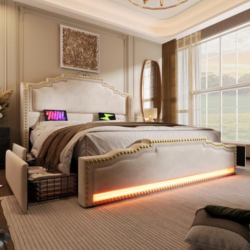 Vadderad säng med 4 lådor LED-belysning och dubbel USB-C bed-laddningsport för vuxna tonåringar sammetssängar med ribbotten gästsängar beige utan madrass 180 x 200 cm