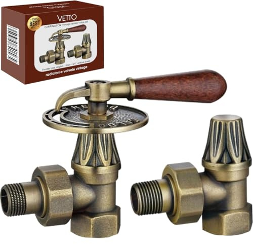 VETTO CARRINGTON VT626 Juego de Válvulas Manuales Acodadas para Radiadores Vintage con Bloqueo. Mango de Madera Tipo Acelerador, Conexiones: 3/4 15 mm, Cuerpo de Latón con Acabado Latón Antiguo.