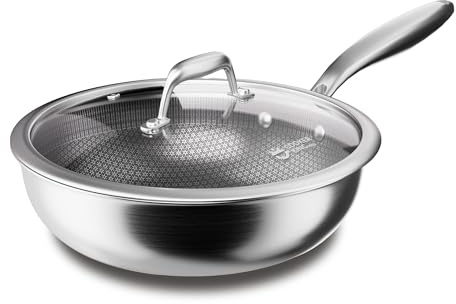 COOKER KING 12-Inch Hybrid Stainless Steel Wok with Lid, Nonstick Stir Fry Pan & Deep Frying Pan, Tri-Ply Clad Honeycomb Everyday Pan, Induction Ready, Oven & Dishwasher Safe, PFOA Free