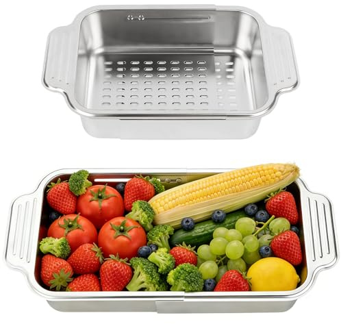 GLENDAVENY 4 In 1 Collapsible Colander Strainer, 304 Stainless Steel Expandable Over the Sink Colander, Foldable Large Colanders Basket to Wash Vegetable and Fruits, Drain Cooked Pasta and Dry Dishes