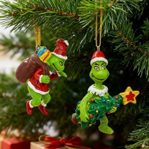 Plstod Weihnachtsbaum Deko, 2 Stück Grin-ch Figur Weihnachtsbaum Anhänger, 3D Elfen Weihnachtsschmuck Deko Hängende Ornament, Weihnachtsdeko Hängend, Lustige Weihnachtsdeko Figuren Harz-Anhänger