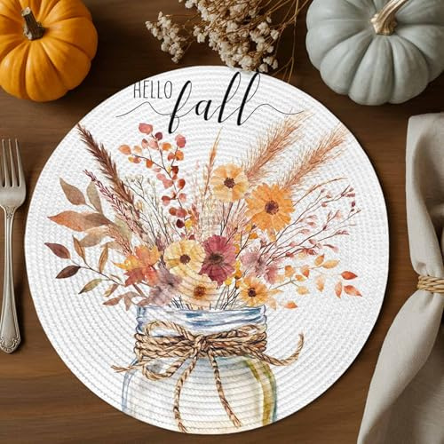 Hello Fall Round Placemats Set of 4, 15 Inch, Thanksgiving Flower Bottle Woven Place Mats Reed Maple Leaf Washable Non-Slip Table Mats for Kitchen Dining Party