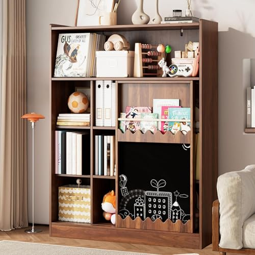 LAKFEW Estantería Muebles de Salon con Pizarra y Puerta Corredera, Estanteria Libros con Dispositivo Antivuelco, Estanterias Librería Bookshelf para Oficina y Estudio, 120x38.5x151.5 cm, Color Nogal