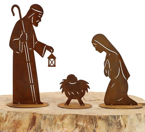 Rostikal Weihnachtskrippe XXL 3-teilig – Edelrost Krippe aus Metall mit Laterne, Maria Josef & Jesus – wetterfeste Gartendeko Weihnachten auf Standplatten, handgefertigt in Bayern