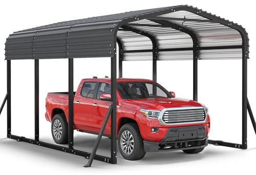 Jocoevol 10x15FT Metal Carport, Heavy Duty Car Garage w/Reinforced Support Rods and Windproof Ground Anchors, All-Weather Multi-Use Outdoor Shelter for Car, Boats and Truck