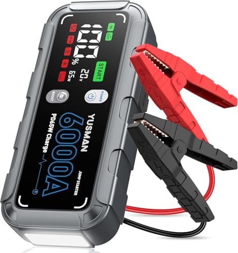 6000A Auto-Starthilfe Powerbank 26800 mAh, 65 W USB-C PD Schnellladen, 3,4 Farbdisplay, 400 Lumen LED-Notlicht, All-in-One Booster für Auto, Laptop & Smartphone